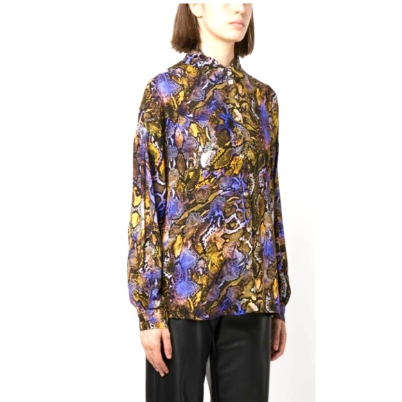 Vintage 80s Paisley Floral Multicolour Silky Blouse Button Down Purple Green XL - Picture 2 of 2